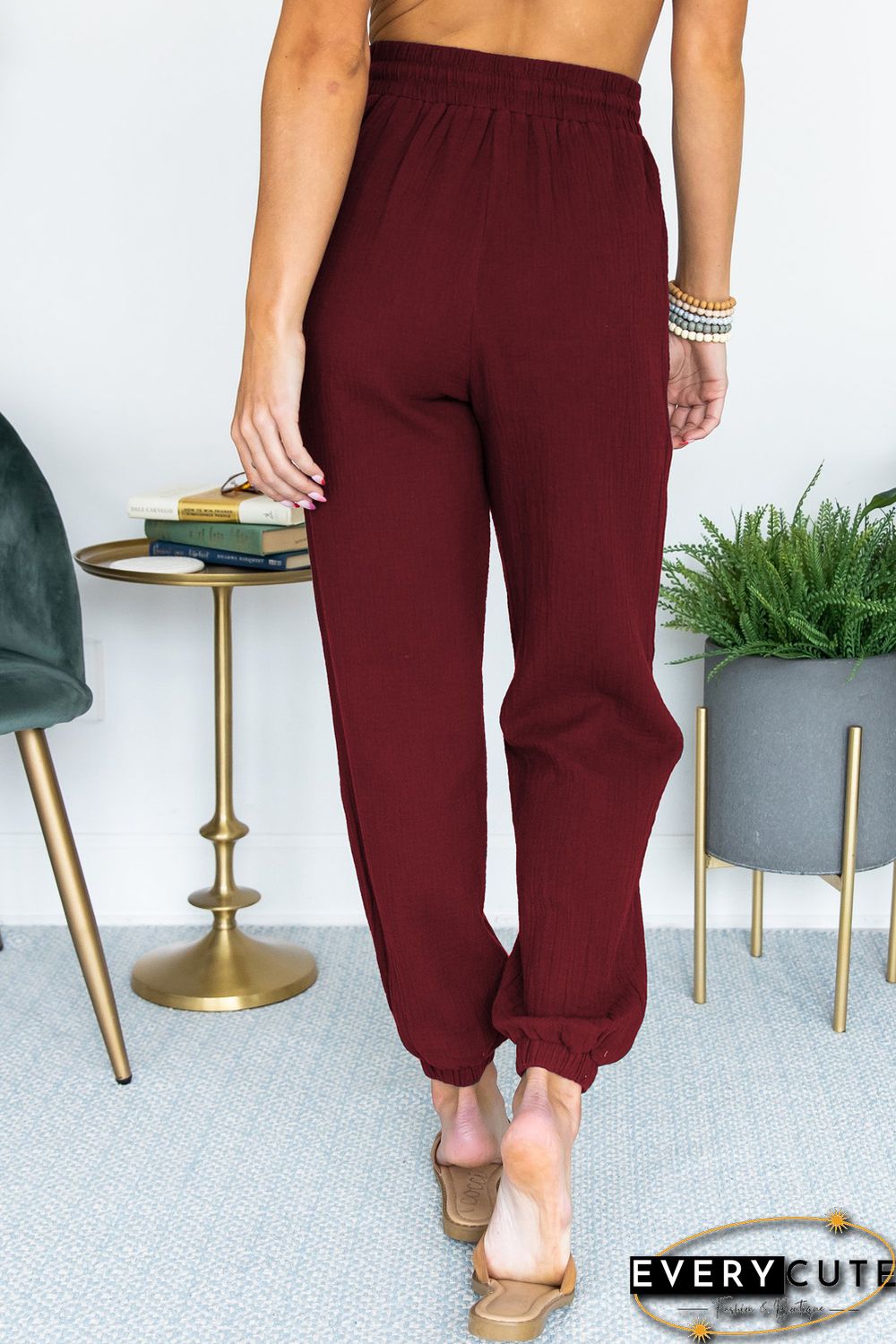 Wine Red Drawstring Elastic Waist Joggers with Pockets