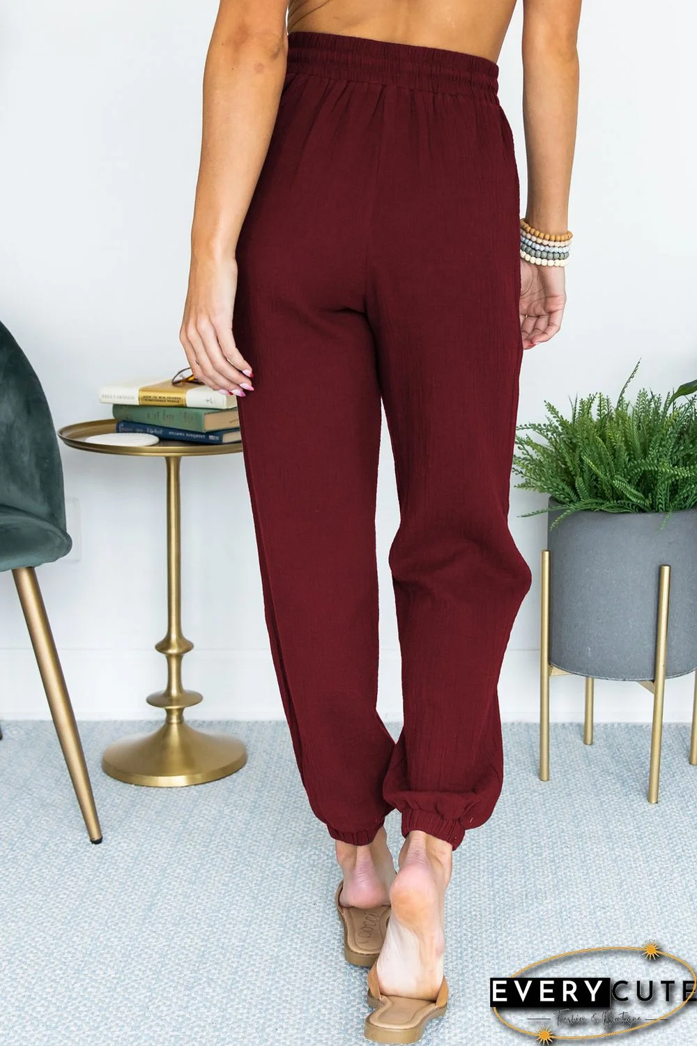 Wine Red Drawstring Elastic Waist Joggers with Pockets