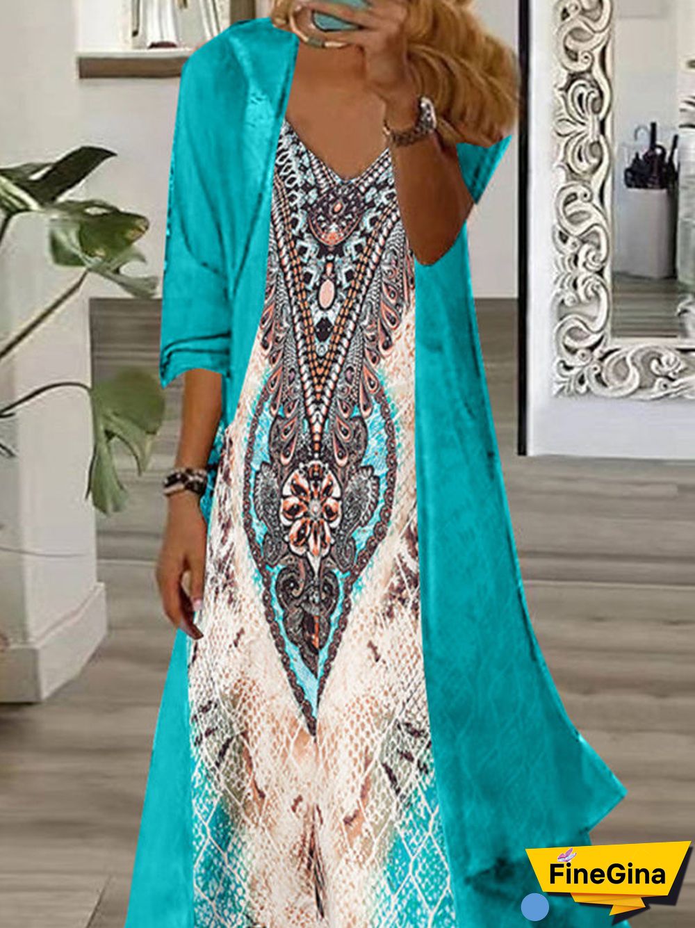 Women Half Sleeve V-neck Graphic Printed Two-Piece Maxi Dress