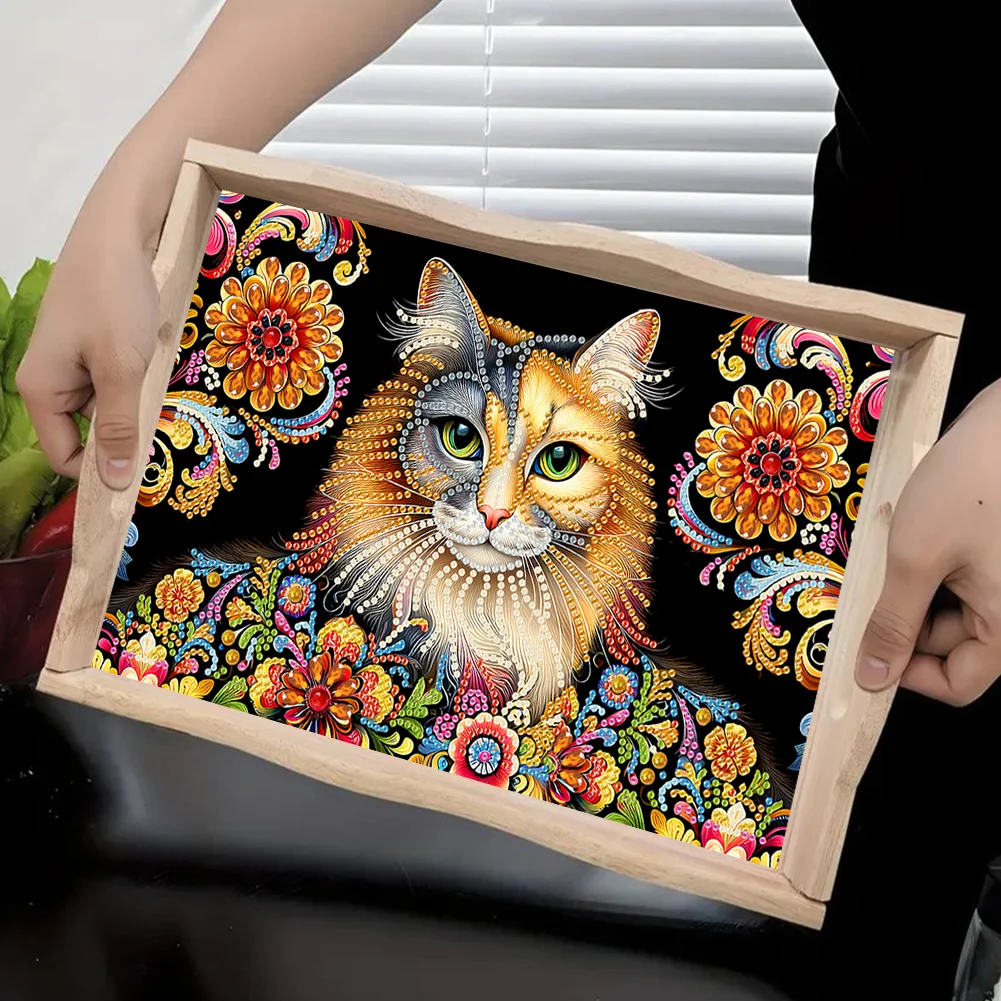 5D DIY Flower Cat Diamond Painting Wooden Serving Tray with Handle for Desk