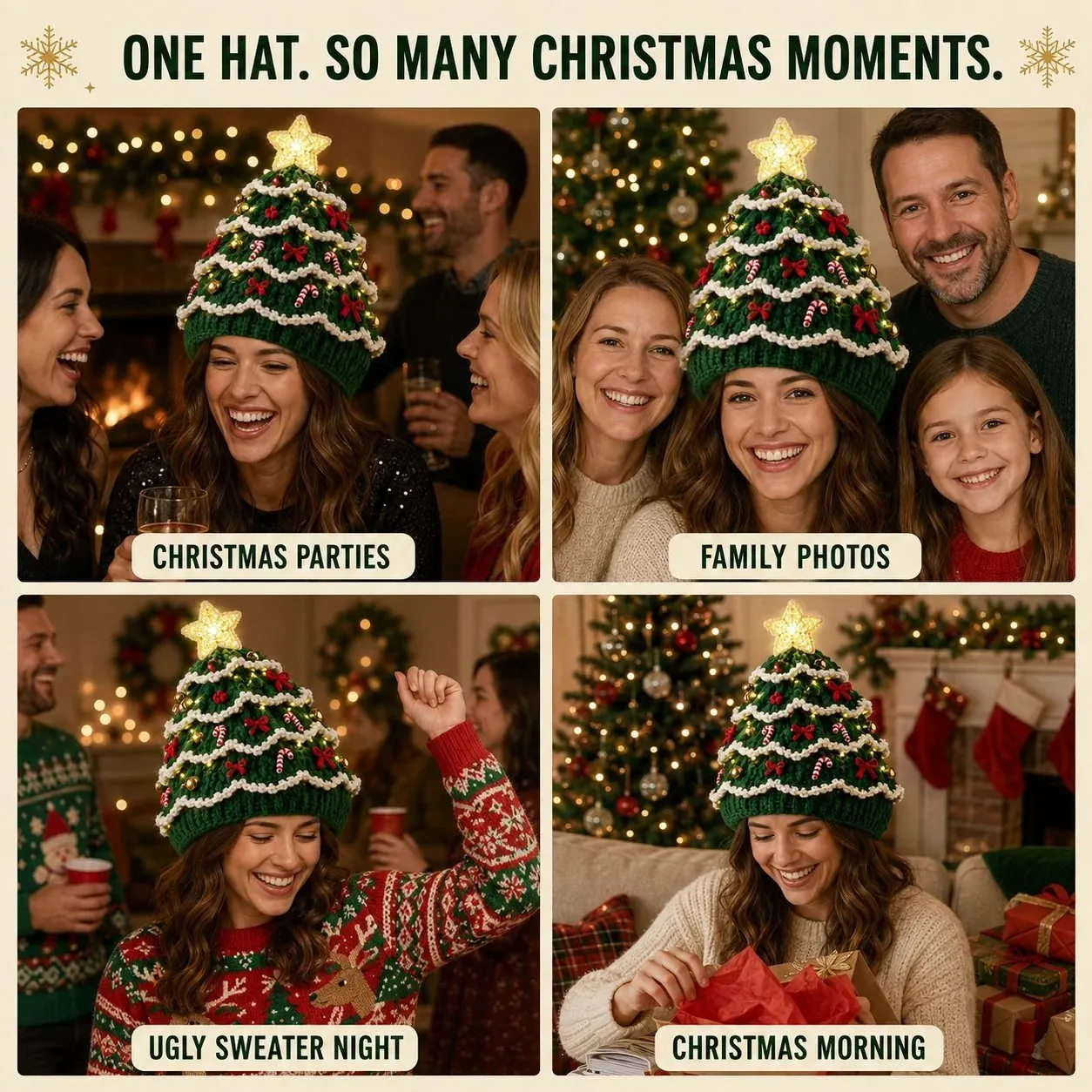 Light-up holiday tree crochet hat detail