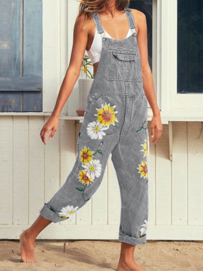 Casual Floral Denim Jumpsuits Bottoms