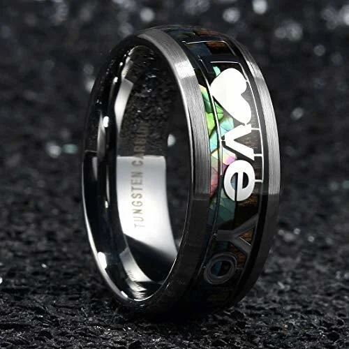 8MM Women's Or Men's Tungsten Carbide Wedding Rings "I Love You" Silver Multi Color Rainbow Abalone Shell and Wood Inlay Organic Colors