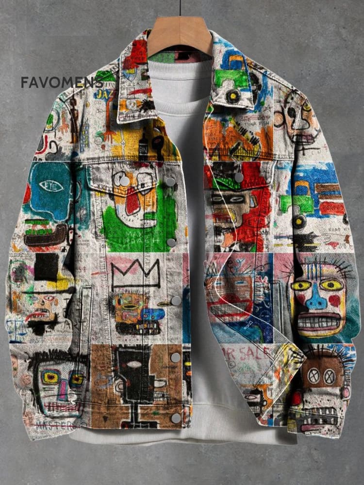 Vintage Colorful African Abstract Mask Plaid Graffiti Print Casual Denim Jacket Multicolor / S