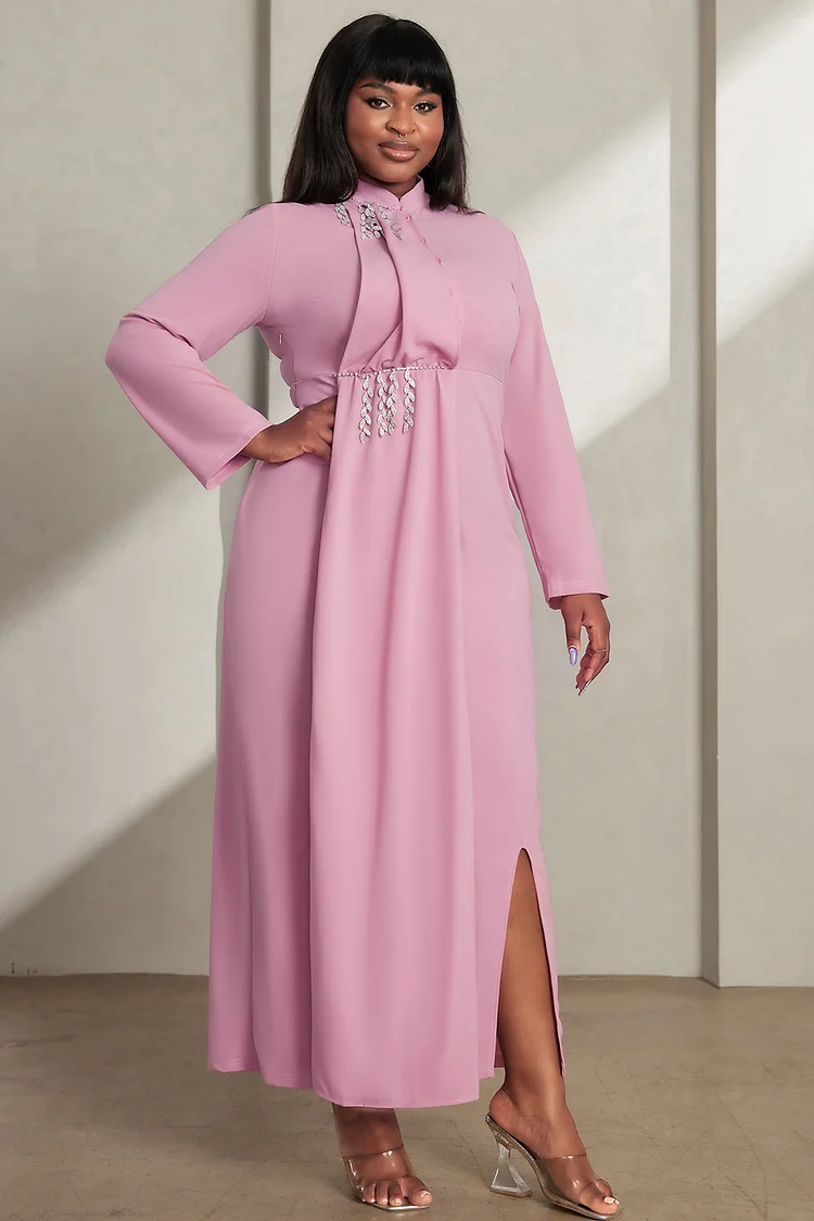 Xpluswear Design Plus Size Semi Formal Maxi Dresses Elegant Pink Fall Winter Mandarin Collar Long Sleeve Pleated Knitted Maxi Dresses [Pre-Order]