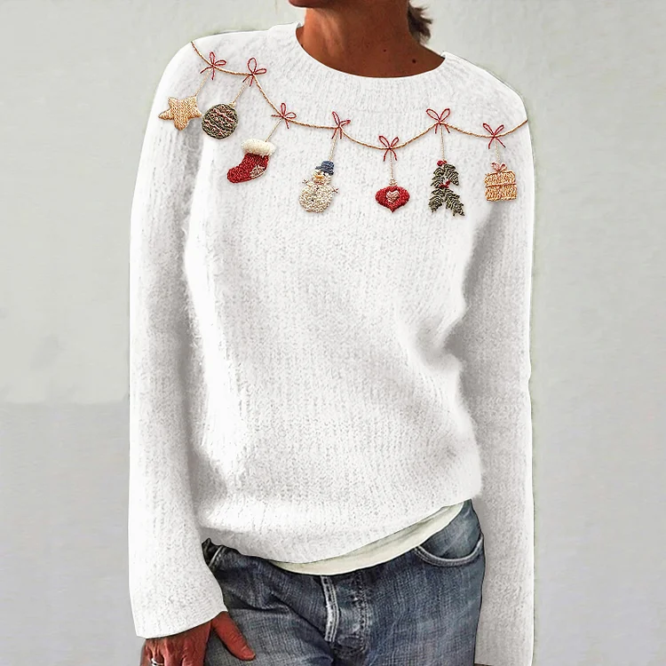 Women's Christmas Embroidery Art Crew Neck Cozy Sweater