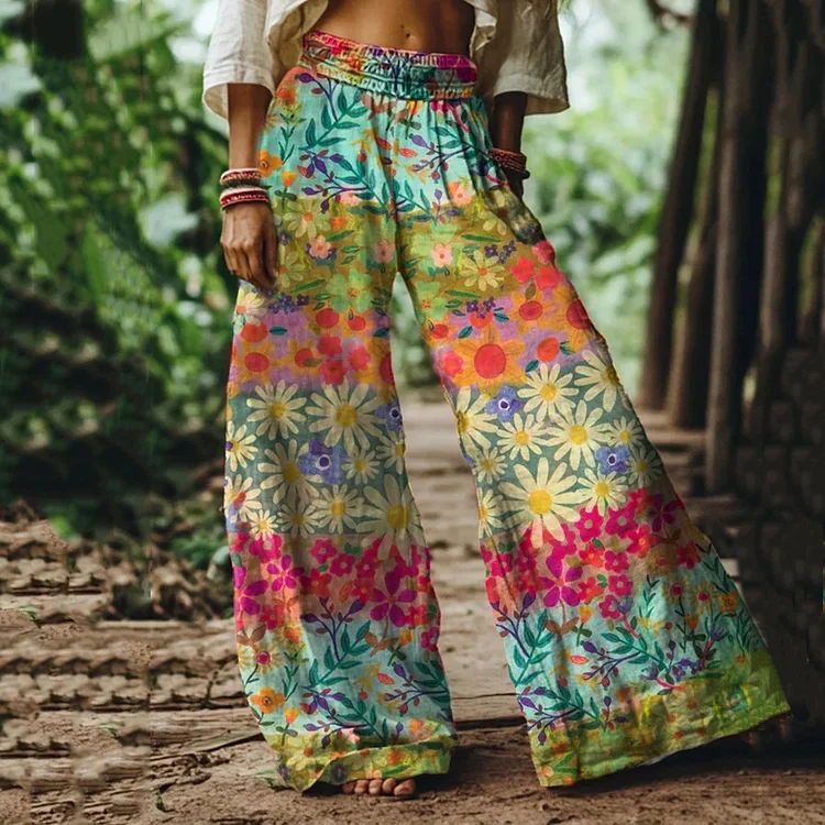 Utbros Vintage Bohemia Floral Art Women's Linen Blend Casual Pants