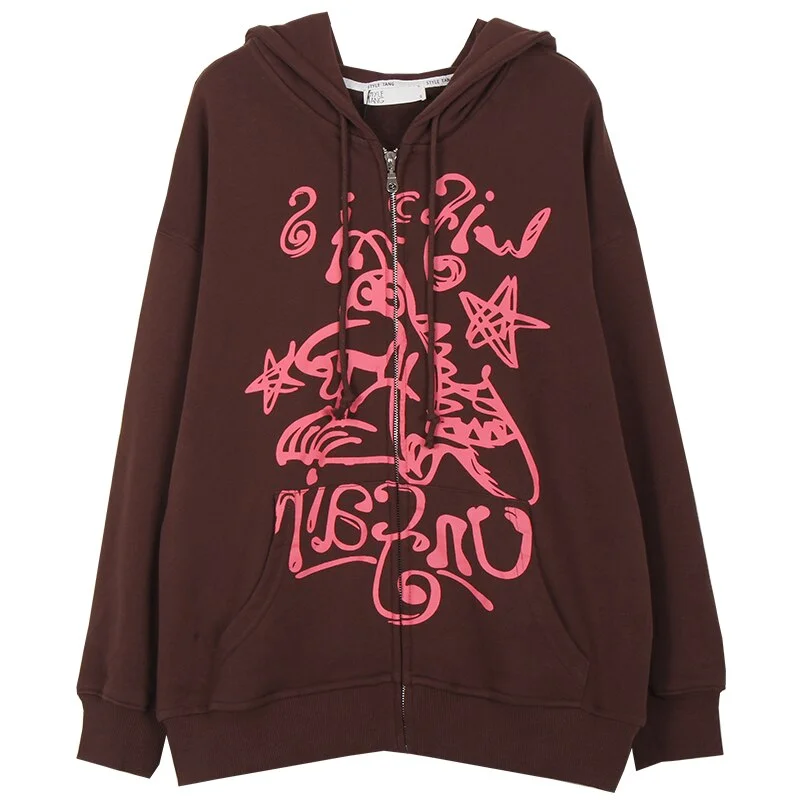 Y2K Vintage Female Sweatshirt Oversized Hoodies Women Autumn Long Sleeve Zip Up Coat Top E-girl Harajuku Grunge Gothic Clothes