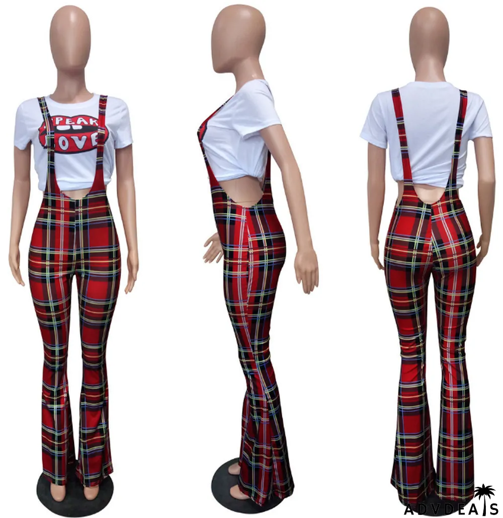 Trendy Plaid Print Straps Flared Jumpsuits