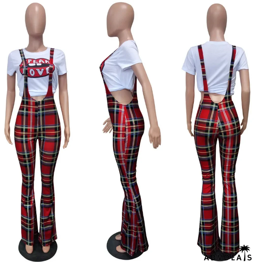 Trendy Plaid Print Straps Flared Jumpsuits