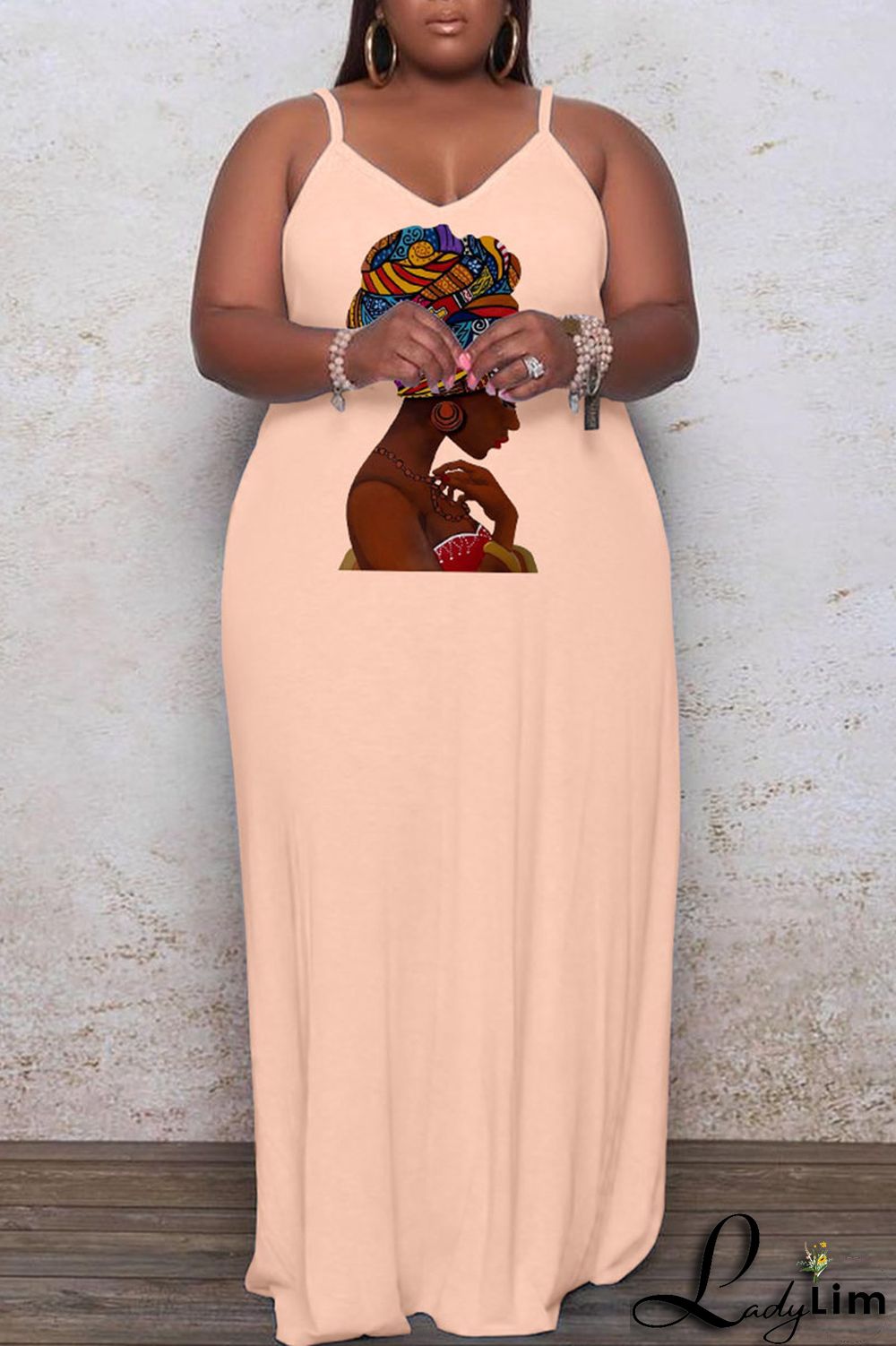 Apricot Casual Print Split Joint Spaghetti Strap Sling Dress Plus Size Dresses