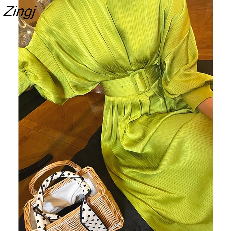 Zingj Fashion Women's Dress New Slash Neck Loose Belt Waist Half Batwing Sleeve Mid-calf Pleated Dresses Summer 2023 17A634H