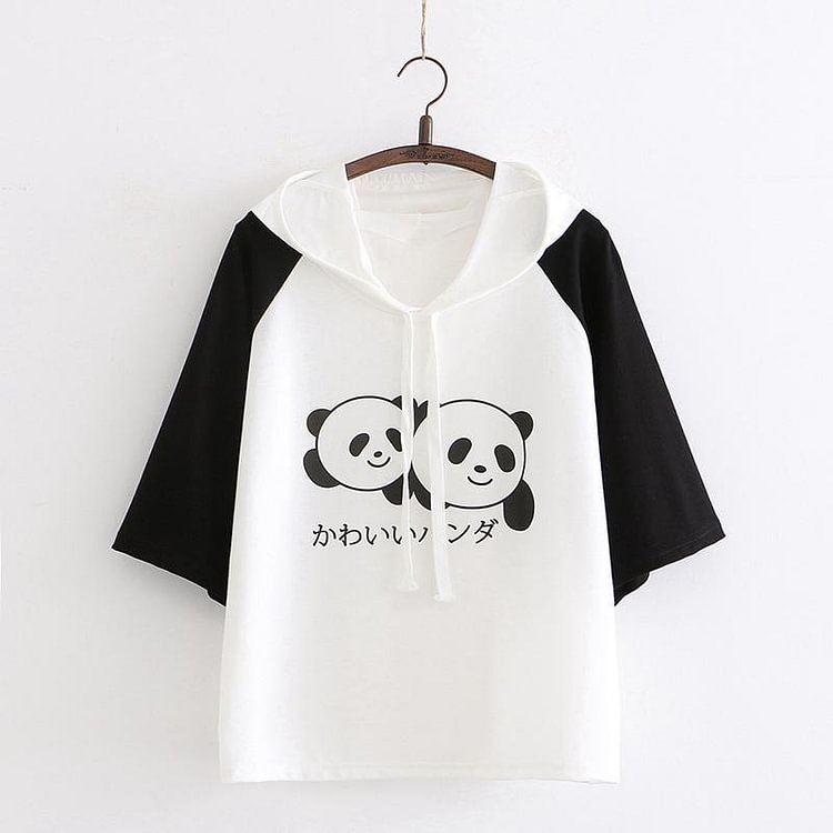 Japanese Panda Ears Color Block Hooded T-Shirt - Modakawa