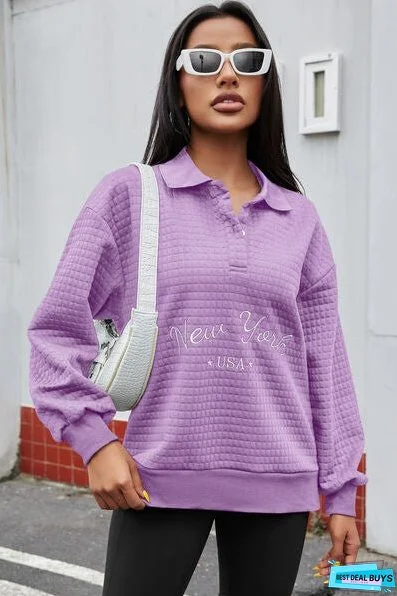 NEW YORK USA Quarter Button Dropped Shoulder Sweatshirt