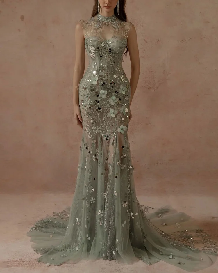 Hacchic Couture Embellished Cap Sleeved Gown