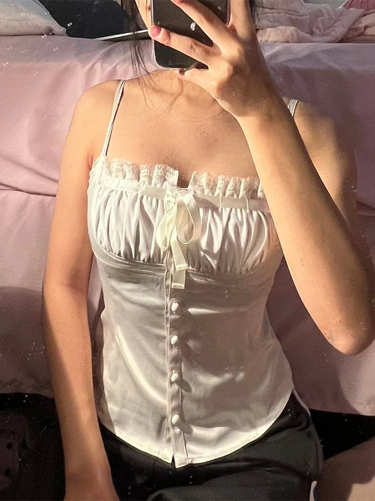 Rapcopter Y2K Satin Crop Top Elegant Vintage Cute Crop Top Bow Button Sweet Mini Vest Women Chic Party Sweats Summer Holiday 90s