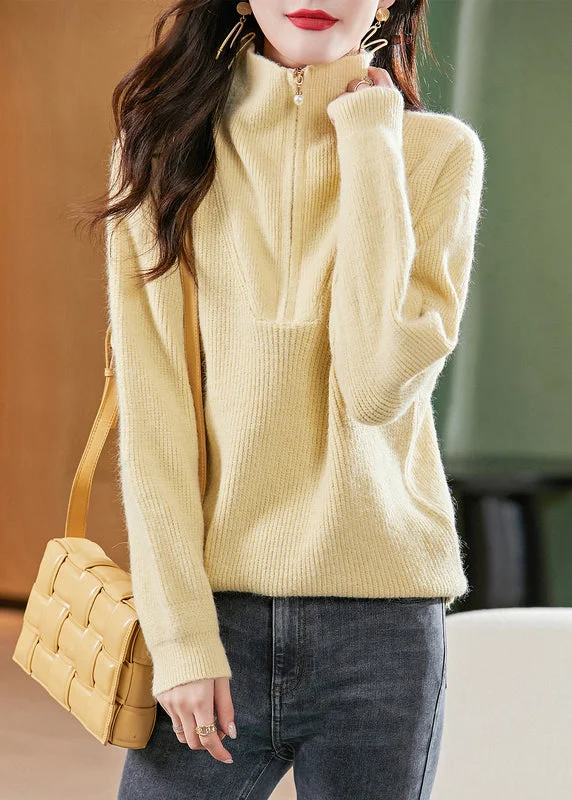 Fashion Yellow Zip Up Patchwork Warm Woolen Sweater Tops Fall