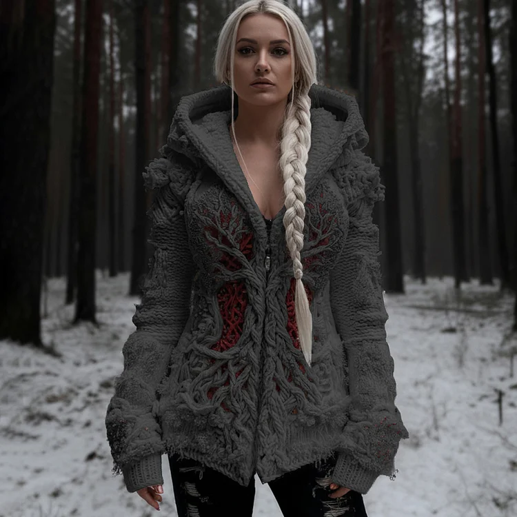 Women's Viking Tree Of Life Cable Knit Zip-up Hooded Sweater