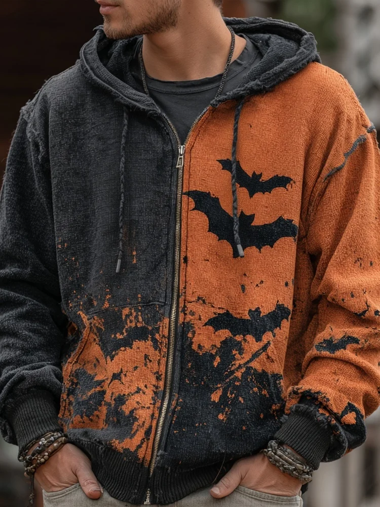 Men's Halloween Bats Embroidered Contrast Color Zip Up Hoodie
