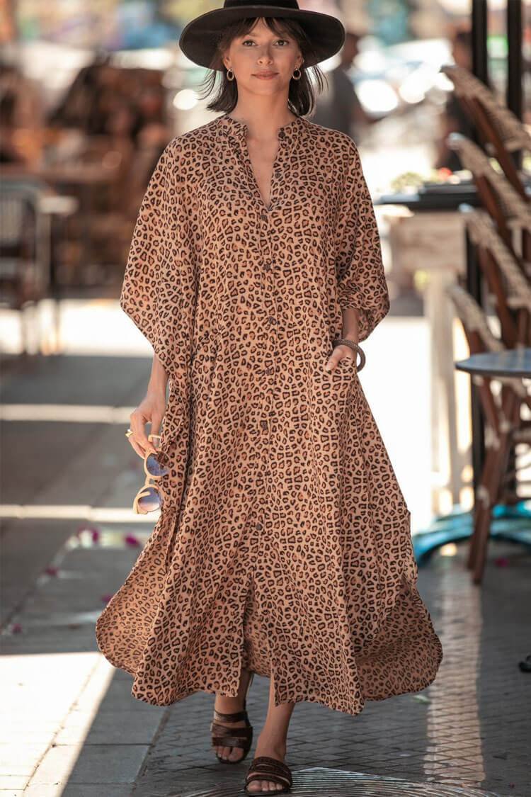 Leopard Pocketed Button Front Side Slit Sleeved Maxi Cover Up - Shop Trendy Women's Clothing | LoverChic
