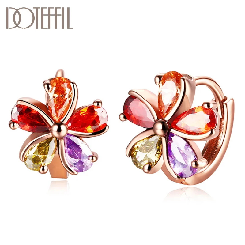 DOTEFFIL 925 Sterling Silver 18K Gold Multicolor Flower AAA Zircon Charm Earrings Women Jewelry 