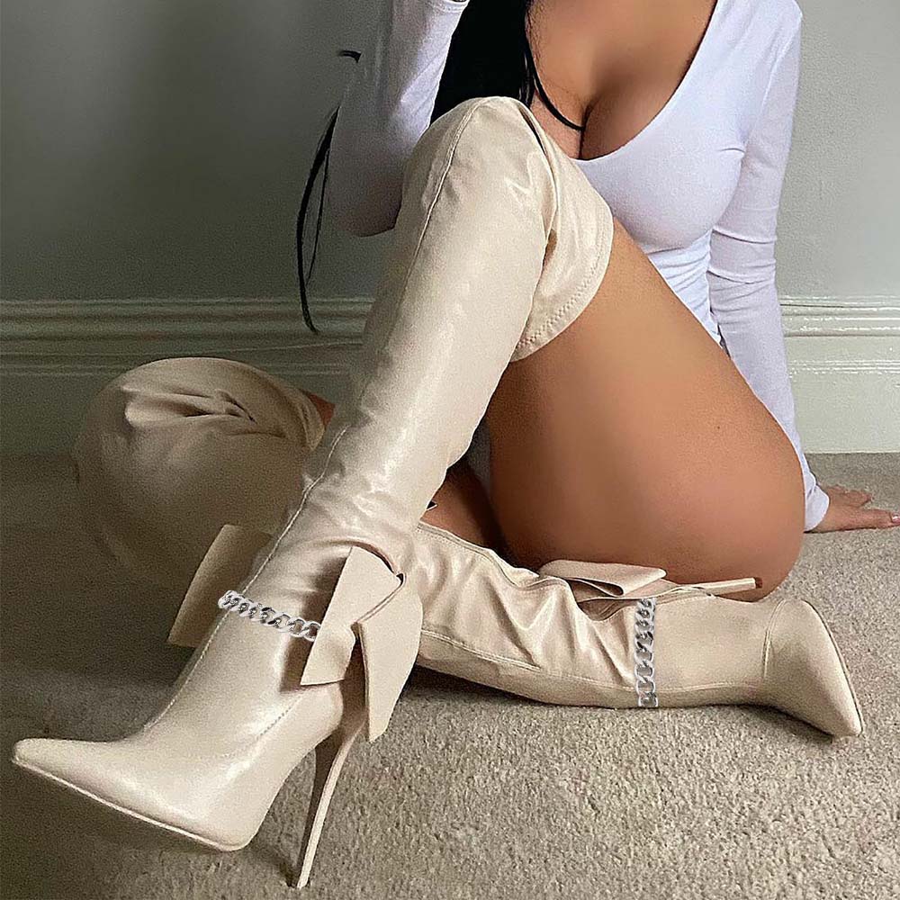 Bow Trim High Heels Pointy Toe Boots White Over The Knee Booties