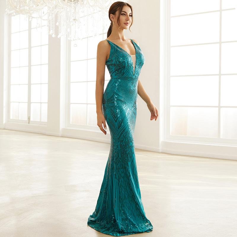 Neosepa-Elegant V Neck Sleeveless Gather Waist Sequins Slim Fishtail Dress