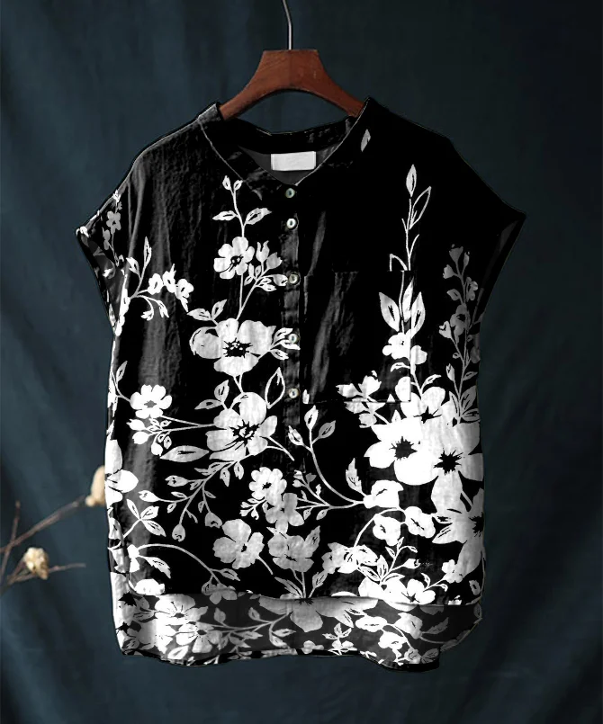 Vintage Floral Print Short-sleeved Cotton and Linen Shirt
