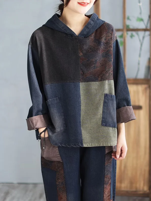 Contrast Color Long Sleeves Split-Joint Hoodies Tops + Jean Harem Pants Bottoms Two Pieces Set