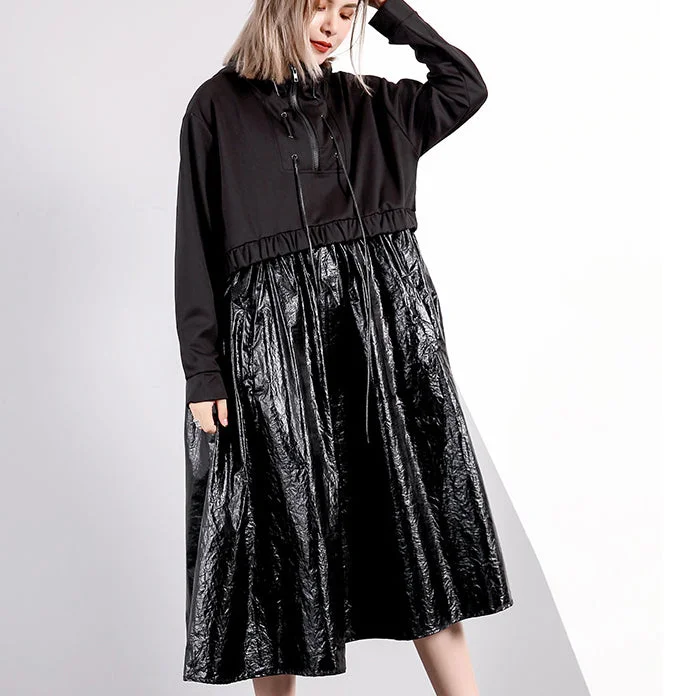 women black fall oversized traveling clothing drawstring Elegant hooded patchwork dresses