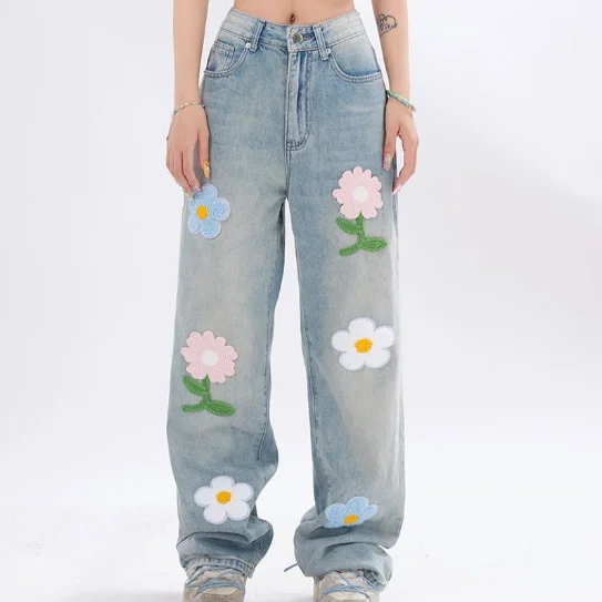 HEYounGIRL Floral Vintage Patchwork Jeans Women Casual High Waist Flared Pants Cotton Korean Denim Trousers Ladies Autumn