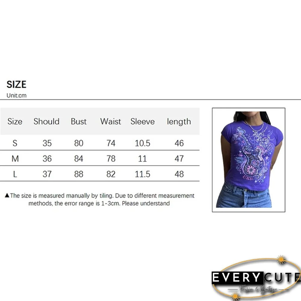 Women Guitar Letter Print Tops Cute Short Sleeve T Shirt Chic Wild Round Neck Tee Aesthetic Harajuku Clothes