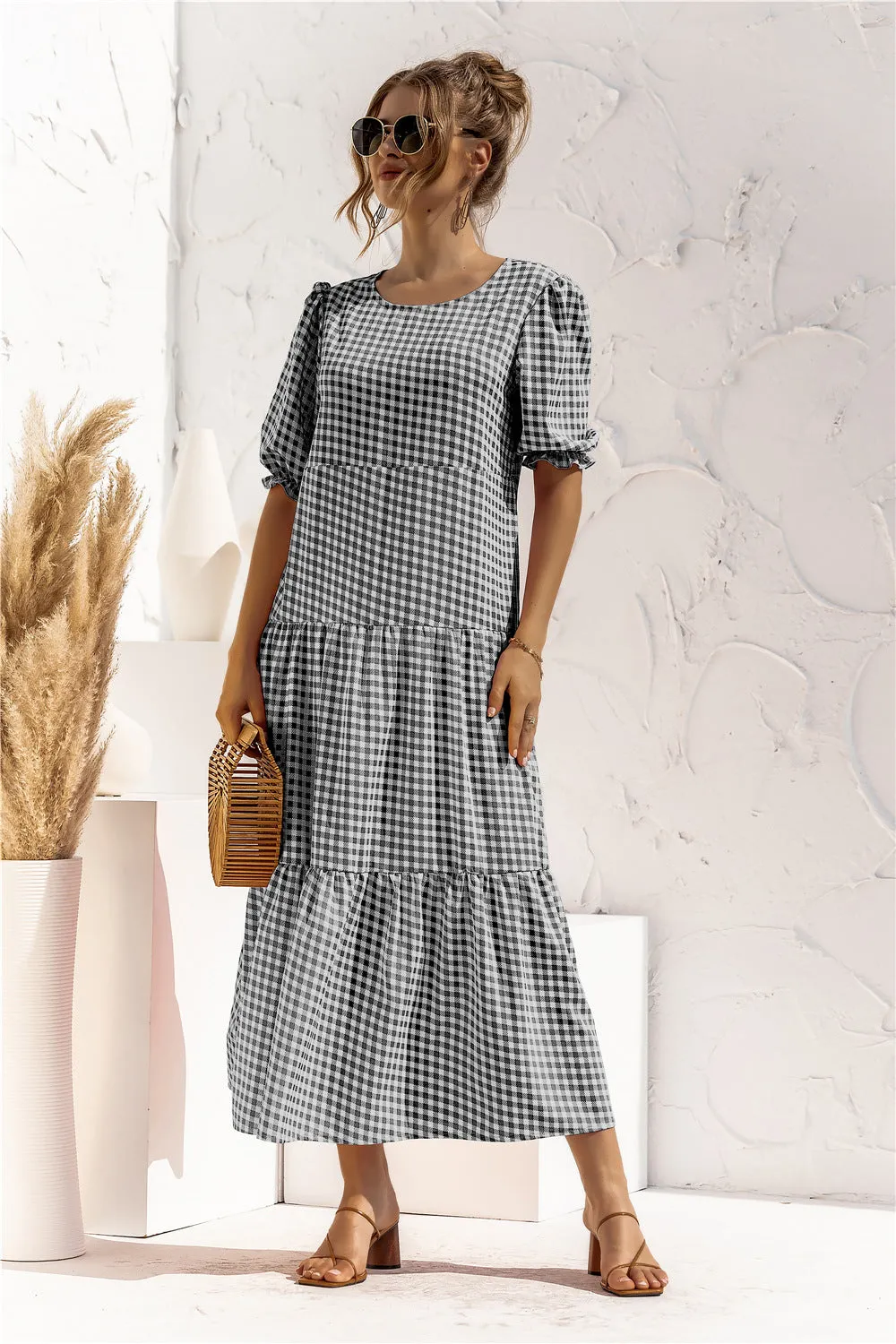 Brownm Sleeve Dot Plaid Urban Style Loose Stitching Long Dress