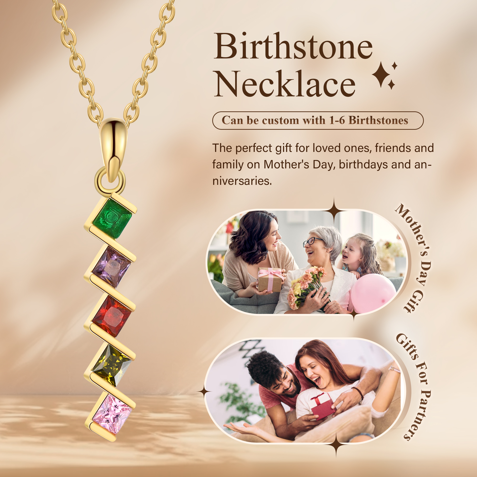 Personalised Women's Necklace Custom 5 Birthstones Pendant Necklace Birthday Gift for Her-Jessemade AU