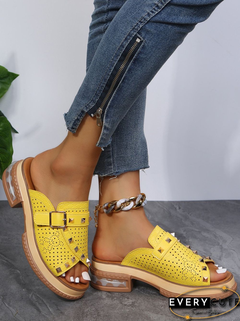 Urban Studded Snake Print Chunky Heel Slippers
