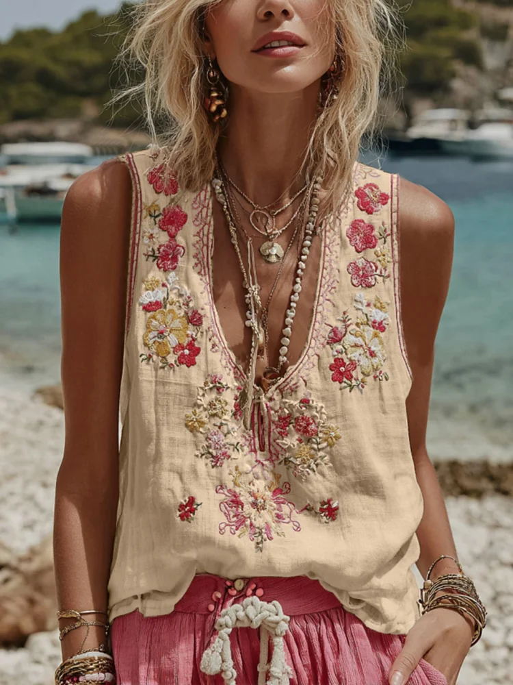 VChics Women's Vintage Floral Embroidery Casual Sleeveless Top