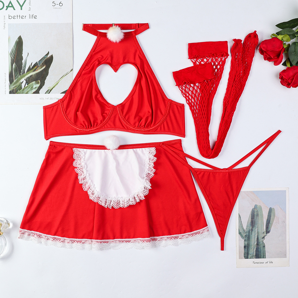 Lovingerie - Christmas Red Maid Outfit Halter-neck Heart-shaped Hollow-out Sexy Erotic Four-piece Set