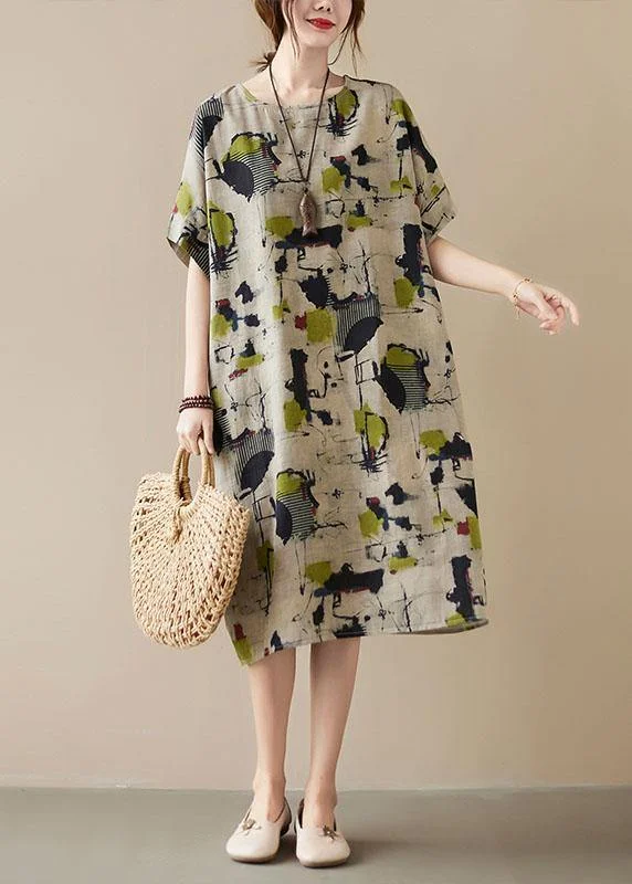 Classy Khaki Print O-Neck Pockets Summer Maxi Dresses Half Sleeve