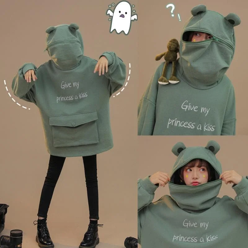 Give My Princess A Kiss Letter Embroidery Frog Zipper Pocket Oversized Hoodie SP15062