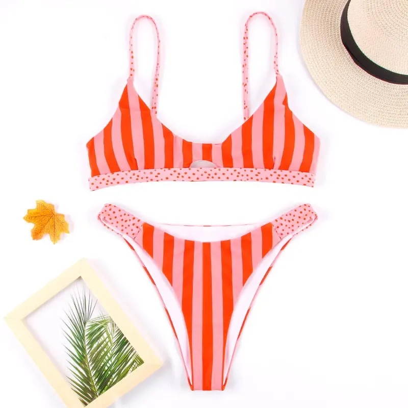 Sexy Stripe Push Up Swimsuit Women Hollow Out Bikini Set 2020 New Swimwear Dot Bathing Suits Print Biquinis Thong Bikini 5344