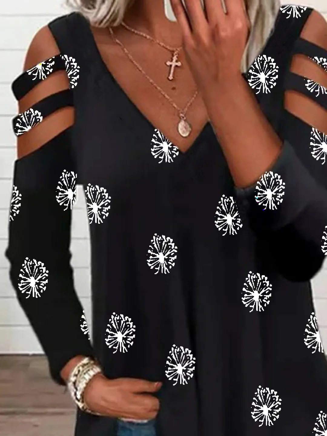 Casual Dandelion V neck Loose Long Sleeve T-Shirt