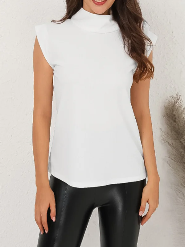 Solid Color Hollow Loose Cap Sleeve Mock Neck T-Shirts Tops