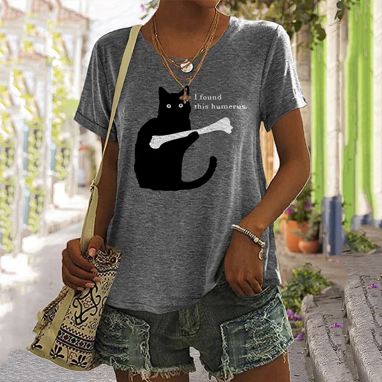 Vefave Simple Black Cat Print Short Sleeve T-Shirt