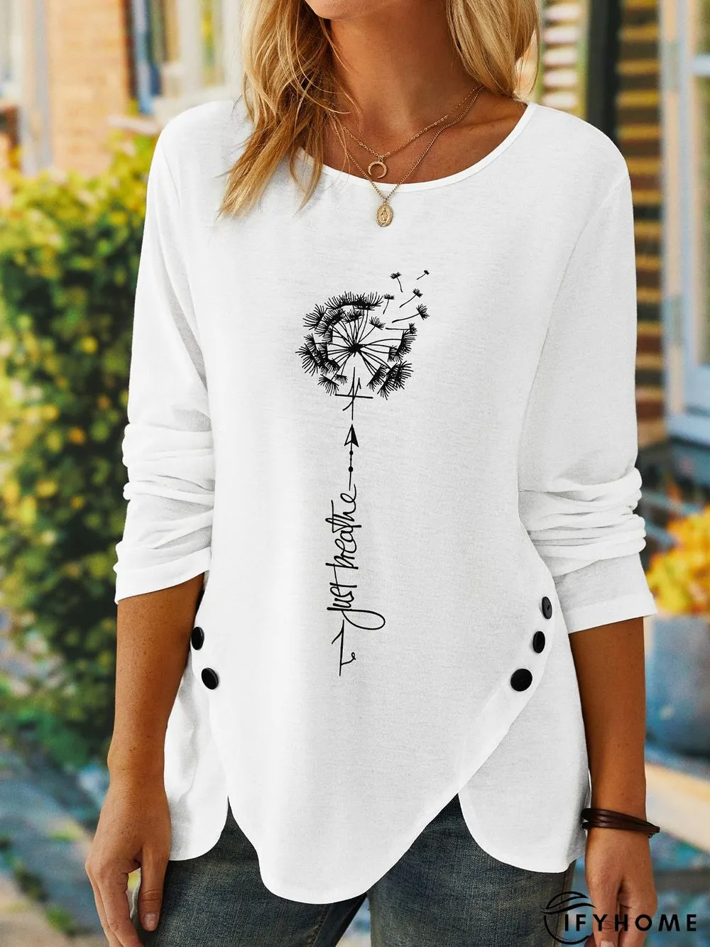 Casual Dandelion Long Sleeve Crew Neck Printed Tunic Top T-shirt | IFYHOME