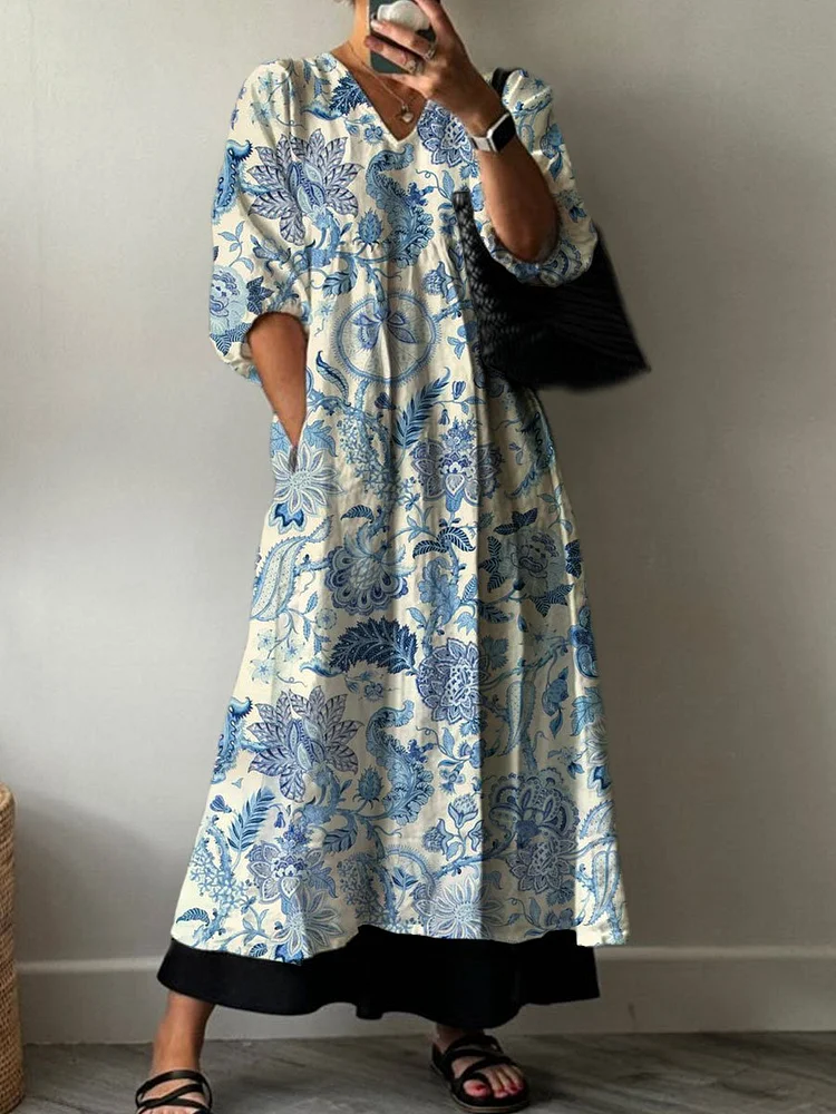 Women's  Retro Flower Print Pocket V-neck Cotton Dress