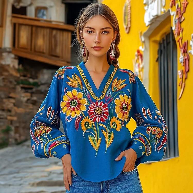 Ukrainian Folk Floral Embroidery Linen V-neck Shirt