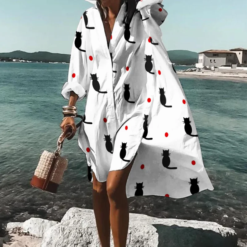 Resort Polka-Dot Cat Print Midi Dress