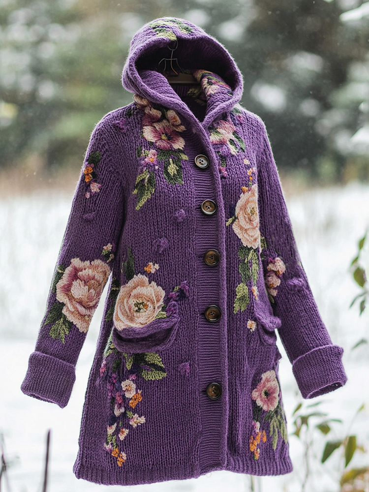 Utbros Pansy Floral Embroidery Pattern Cozy Hooded Cardigan