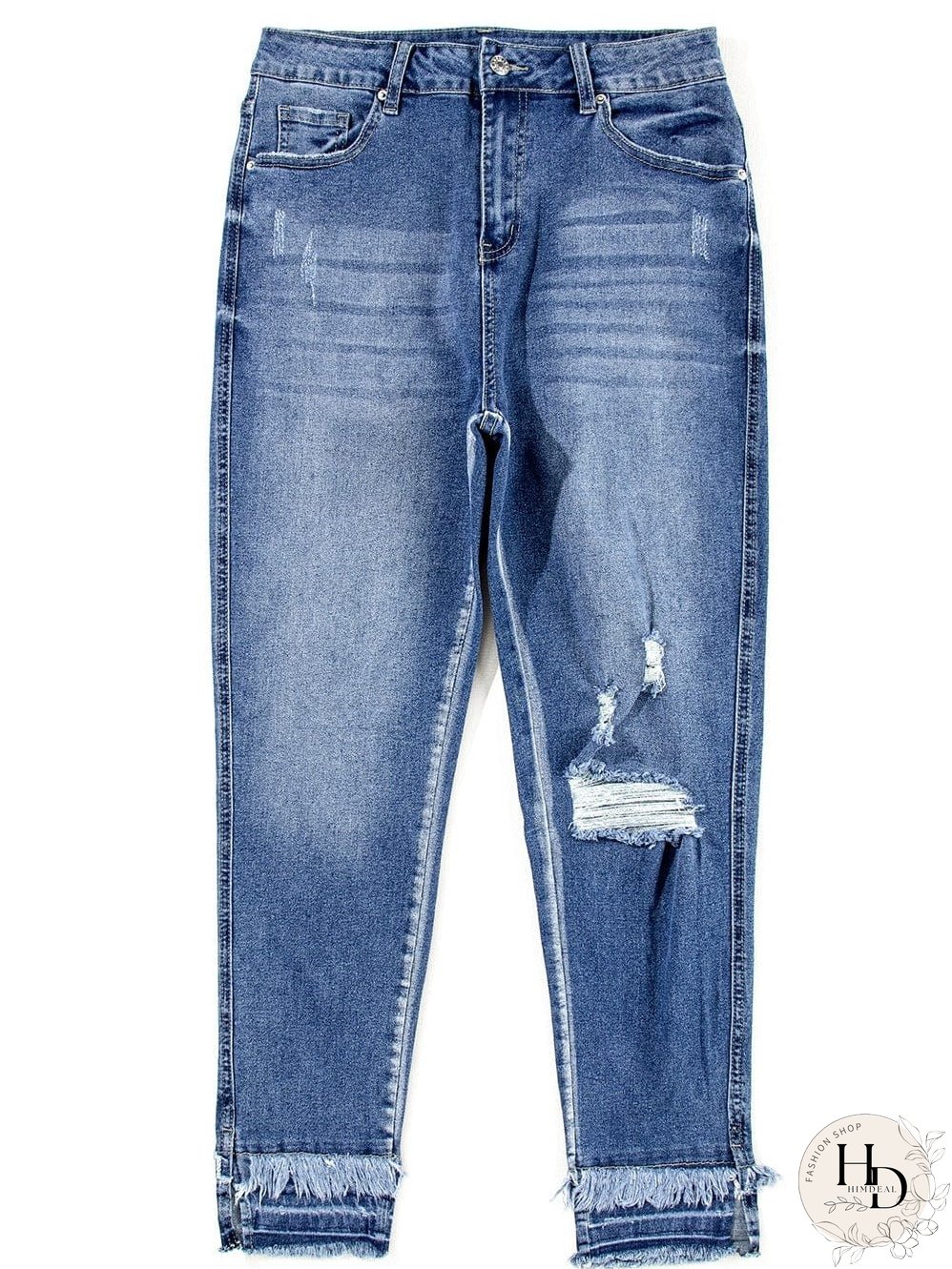 Blue Raw Hem Straight Jeans with Leopard Print Patchwork Detail and Ripped Holes - Women's Denim Clothing