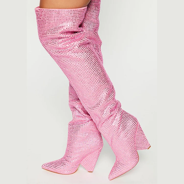 Pink Rhinestones Sparkling Heels Women's Pointed Toe Knee Boots |FSJ Shoes